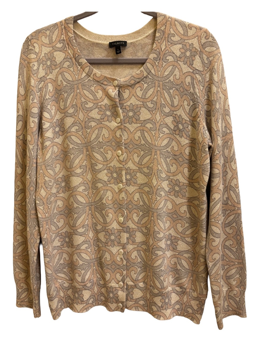 Talbots Tan and Cream Floral Scroll Crewneck Button Cardigan